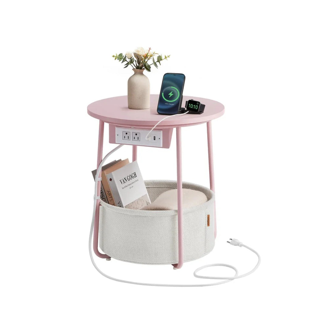 Round Side Table with Charging Station and Fabric Basket Storage