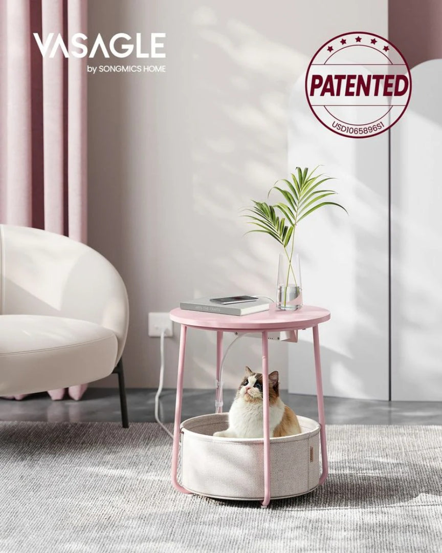 Round Side Table with Charging Station and Fabric Basket Storage