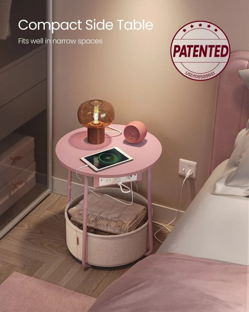 Round Side Table with Charging Station and Fabric Basket Storage
