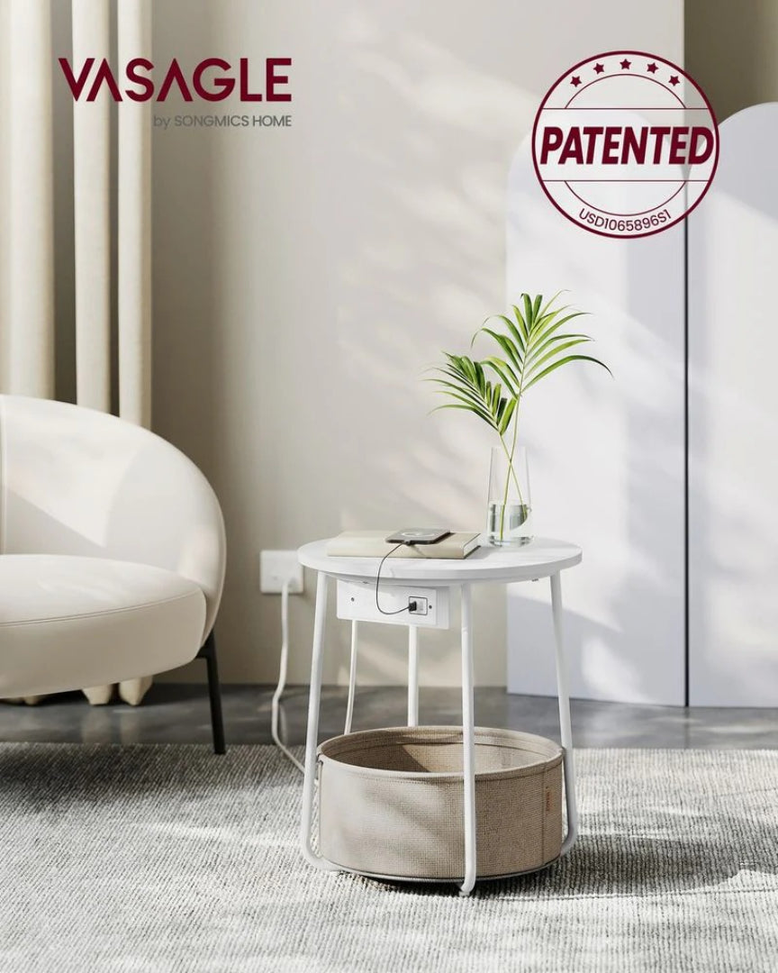 Round Side Table with Charging Station and Fabric Basket Storage