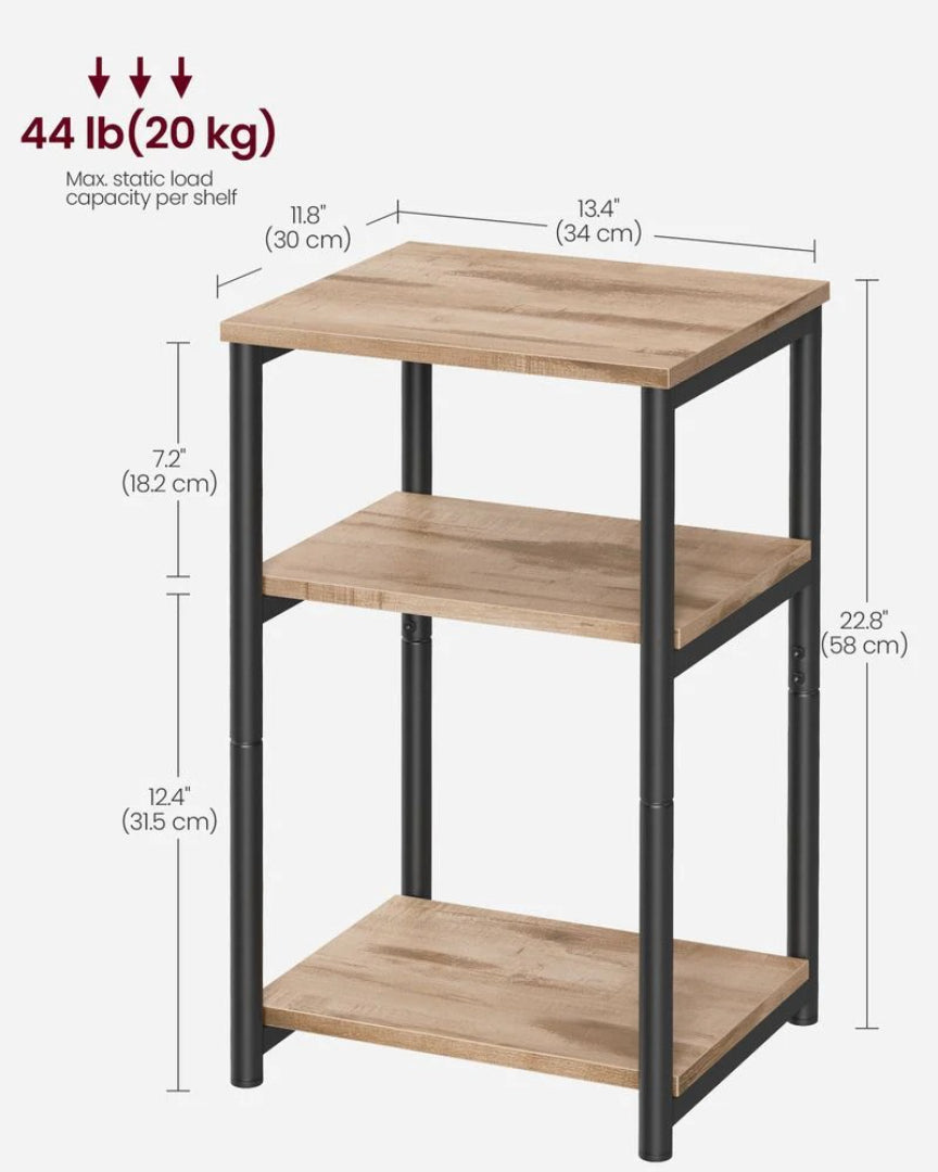 Small 3-Tier End Table with Open Storage, Industrial Side Table