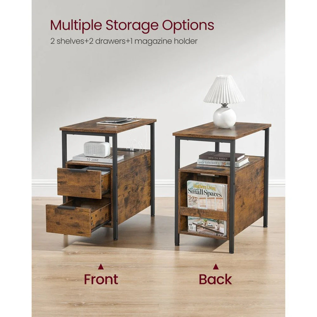 Narrow End Table With Charging Station And 2 Drawers