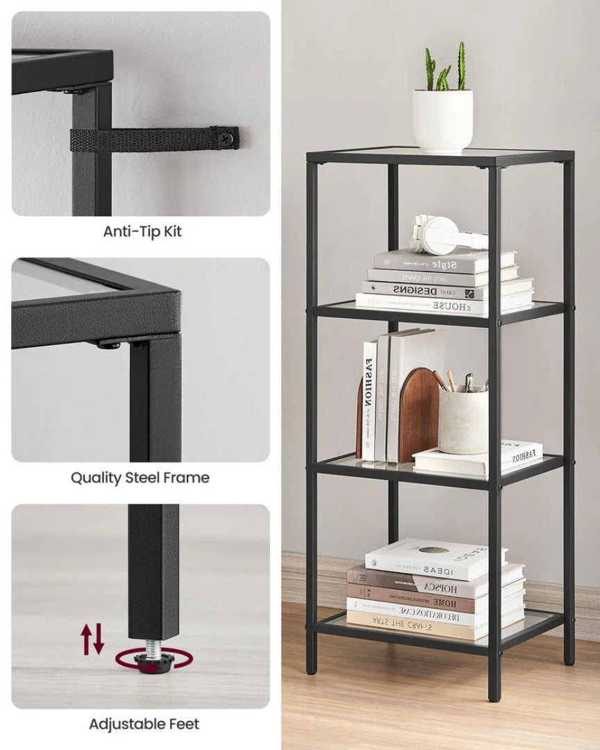 Tempered Glass Bookcase 4 Or 5 Tier Slim Shelving Unit