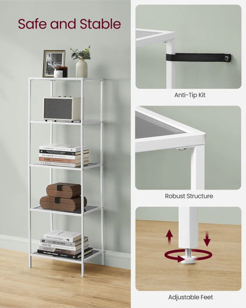 Tempered Glass Bookcase 4 Or 5 Tier Slim Shelving Unit