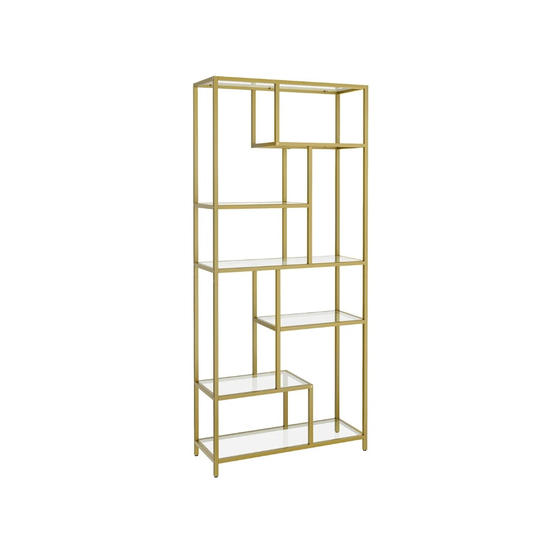 6 Tier Bookshelf With Glass Shelves, 70.9 Inch Tall Storage Unit