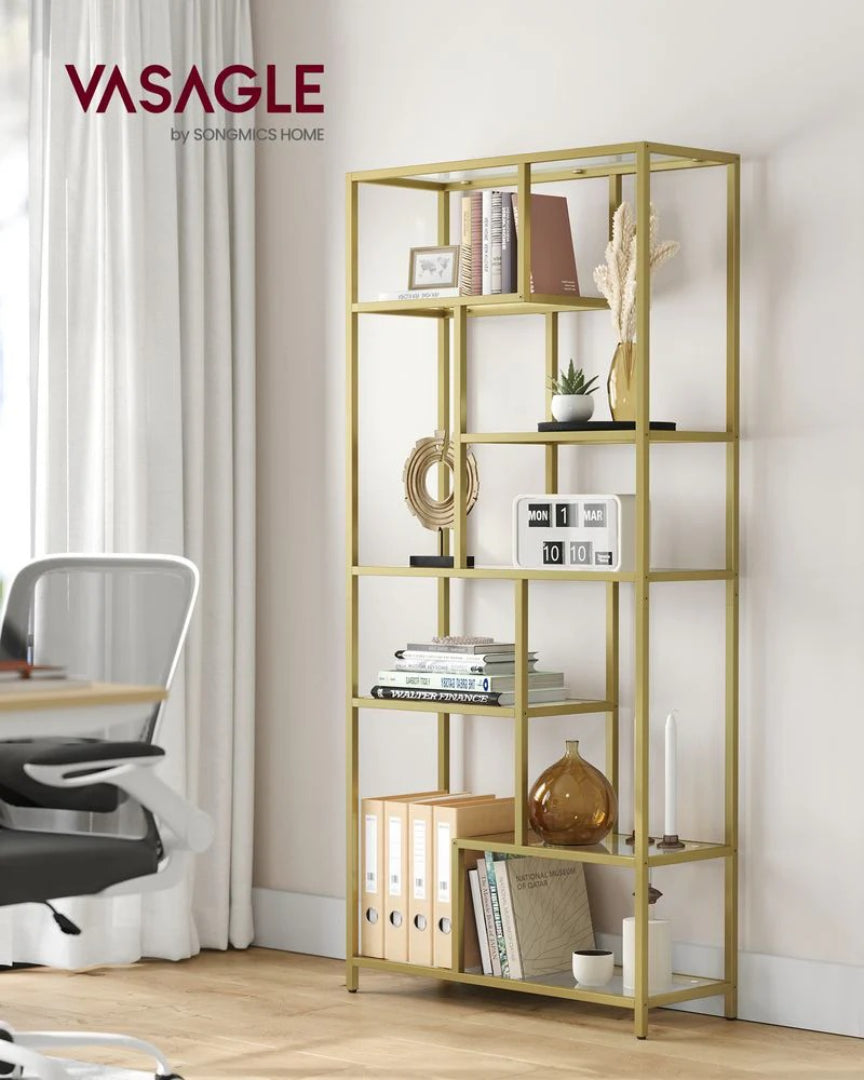 6 Tier Bookshelf With Glass Shelves, 70.9 Inch Tall Storage Unit
