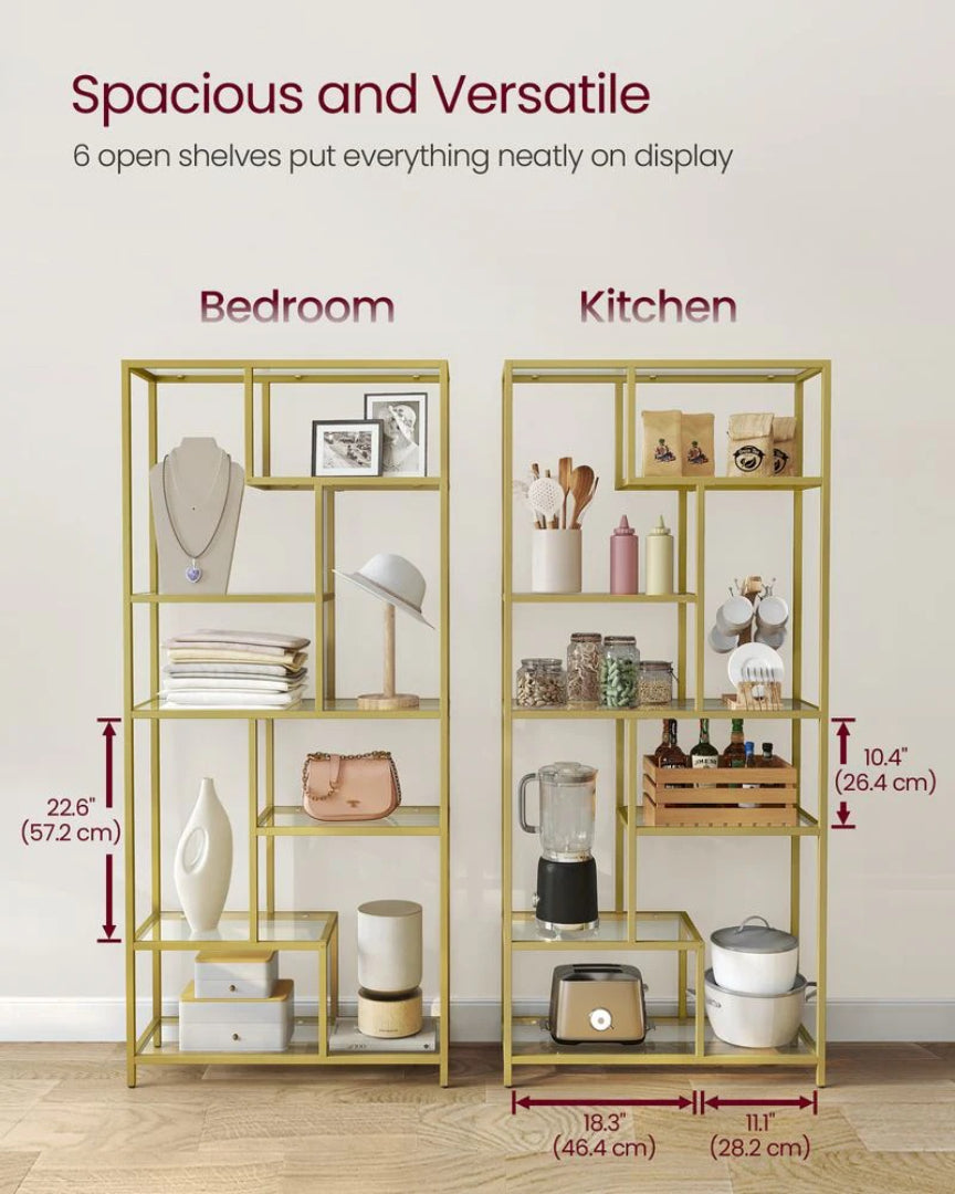 6 Tier Bookshelf With Glass Shelves, 70.9 Inch Tall Storage Unit
