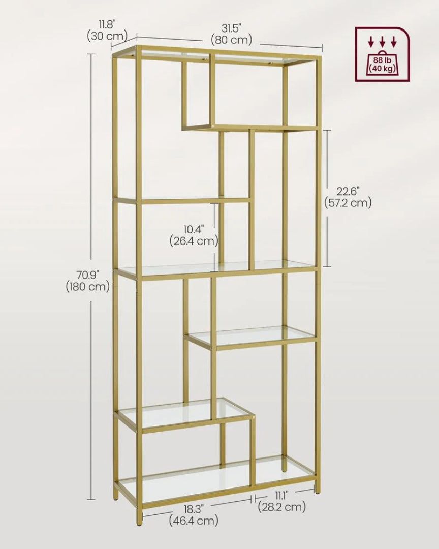 6 Tier Bookshelf With Glass Shelves, 70.9 Inch Tall Storage Unit
