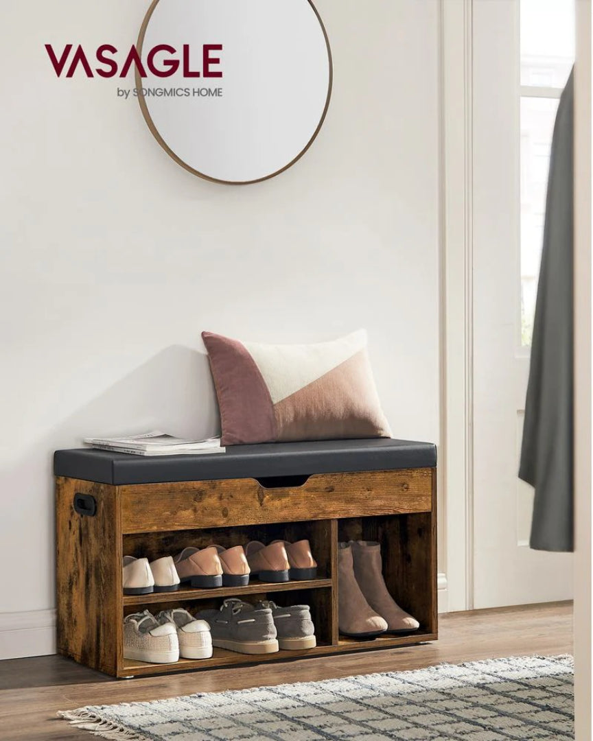Shoe Storage Bench With Cushion, Drawers & Shelves, 31.5 Inch