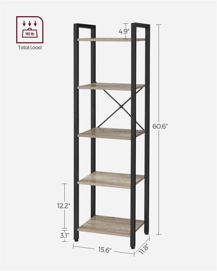 5 Tier Storage Shelving Unit, 60.6 Inch Narrow Bookcase