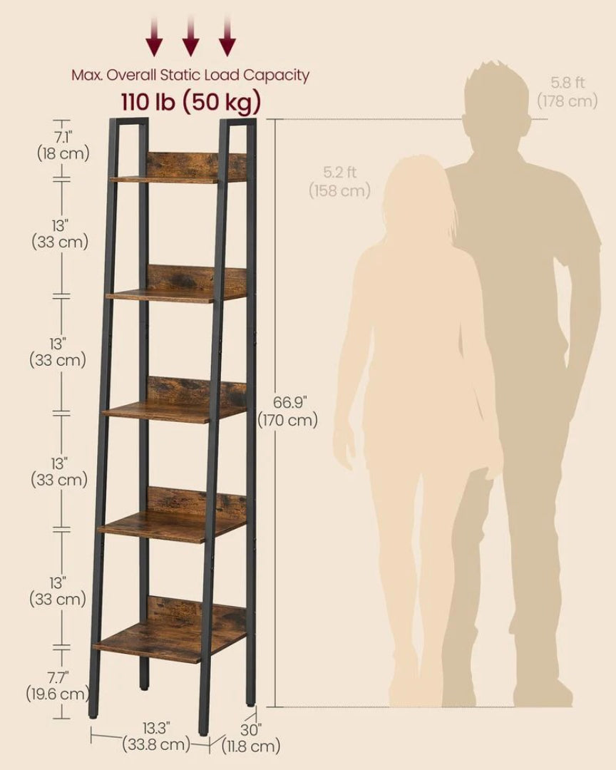 5 Tier Narrow Bookcase, 66.9 Inch Space Saving Storage Shelf