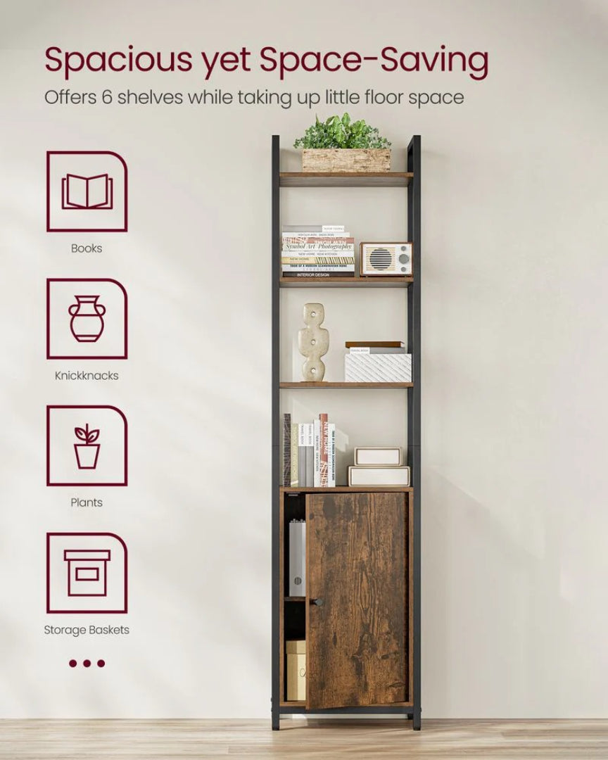 6 Tier Bookcase With Door, 62.8 Inch Tall Storage Shelf