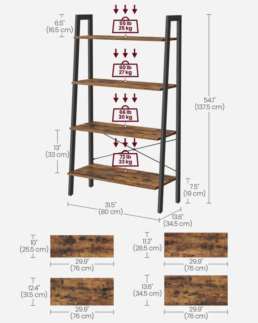 4 Tier Ladder Shelf With Steel Frame, 31.5/22 Inch Storage Rack