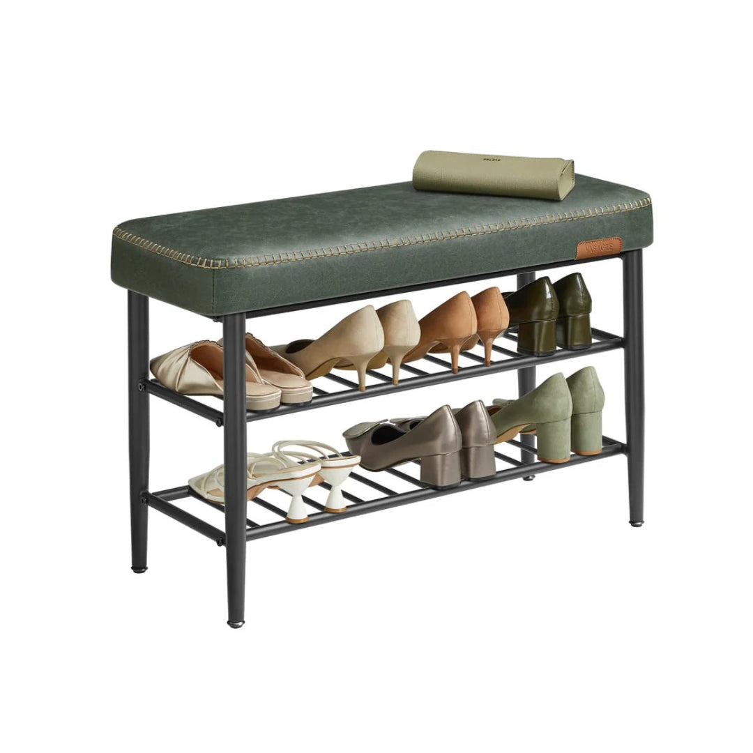 Shoe Bench With Cushion & Metal Shelves, 31.5/39.4 Inch Storage Bench