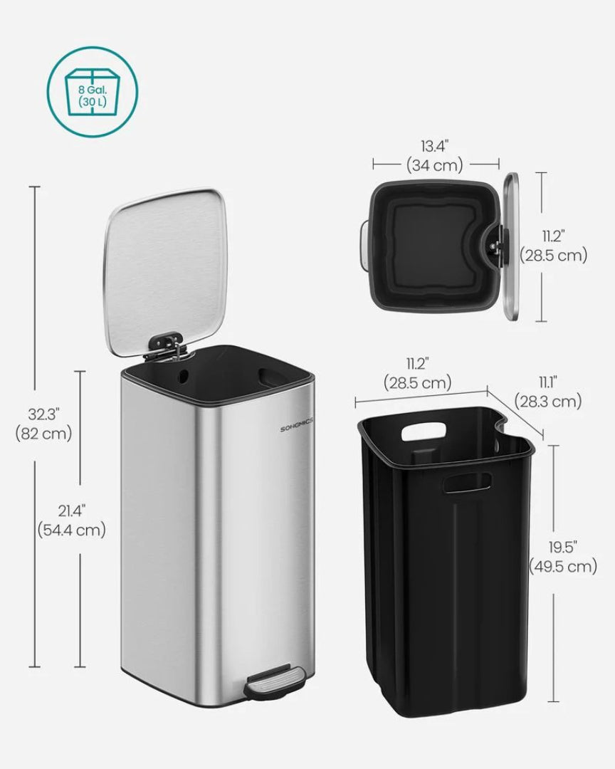Stainless Steel Step Trash Can with Inner Bucket, 5.2–8 Gallon