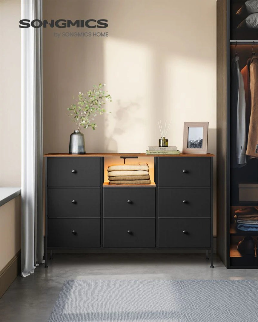 Fabric Dresser With LED Lights And Power Outlets 8 Drawer