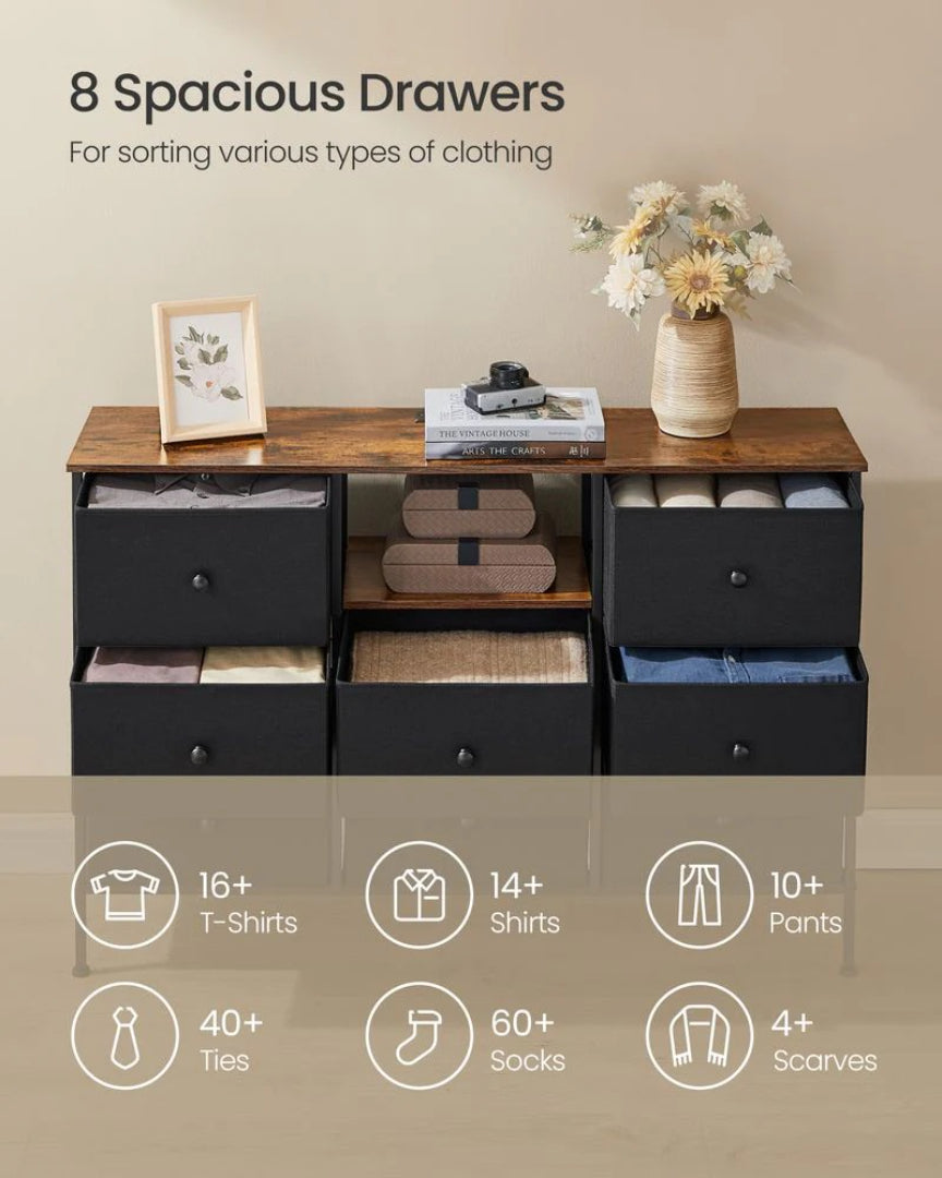 Fabric Dresser With LED Lights And Power Outlets 8 Drawer