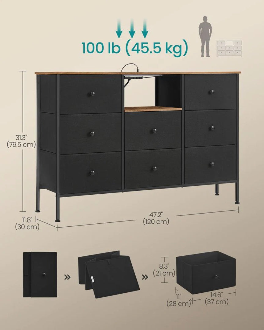 Fabric Dresser With LED Lights And Power Outlets 8 Drawer