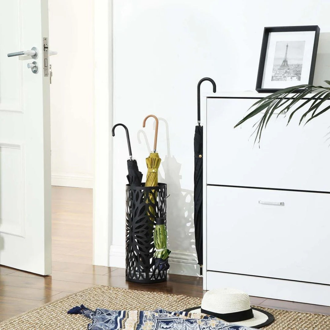 Steel Umbrella Stand With Drip Tray & Hooks For Canes Storage