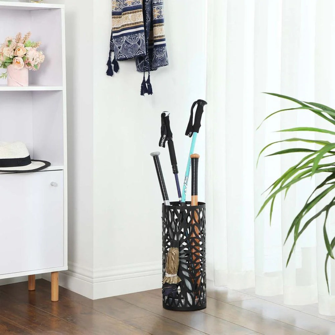 Steel Umbrella Stand With Drip Tray & Hooks For Canes Storage