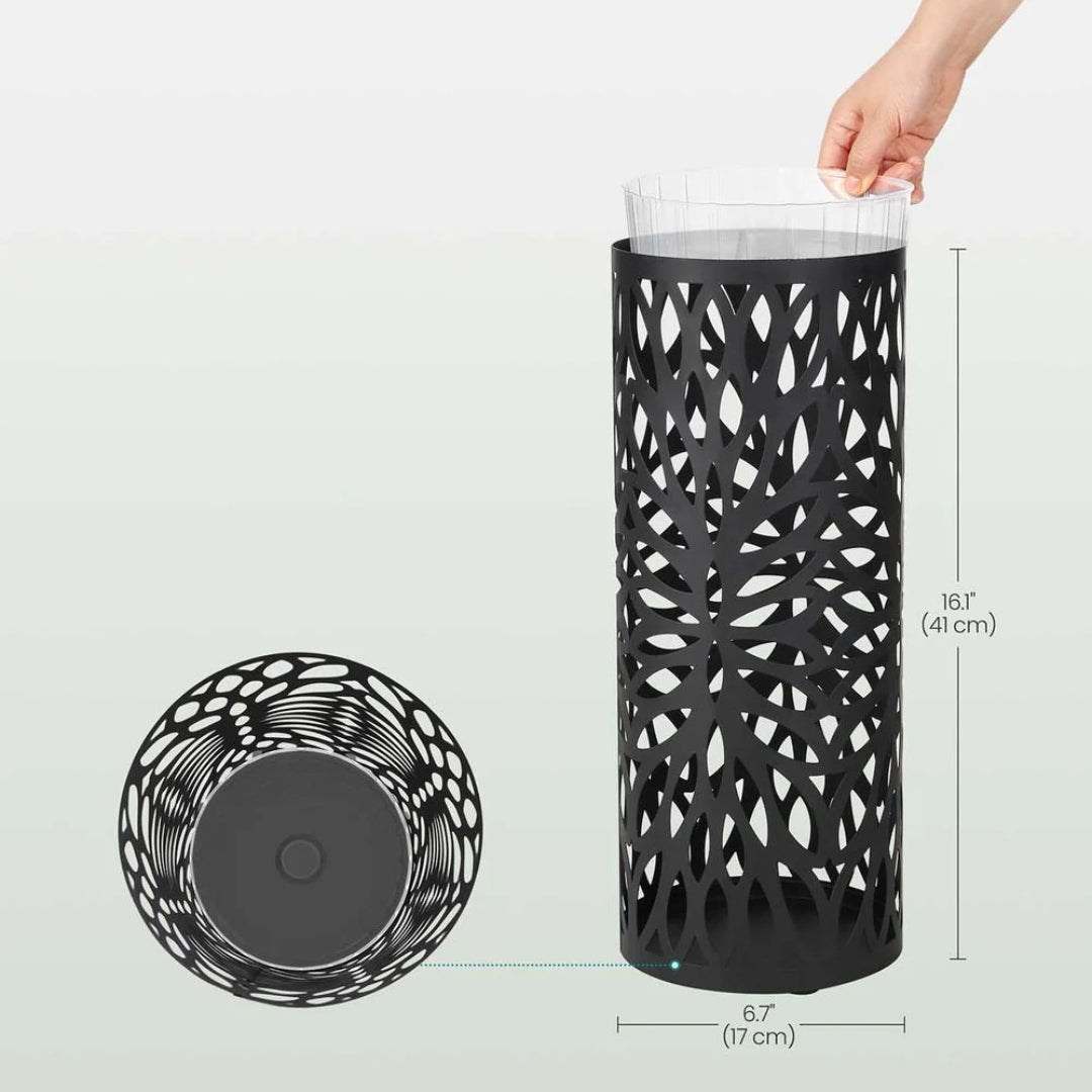 Steel Umbrella Stand With Drip Tray & Hooks For Canes Storage