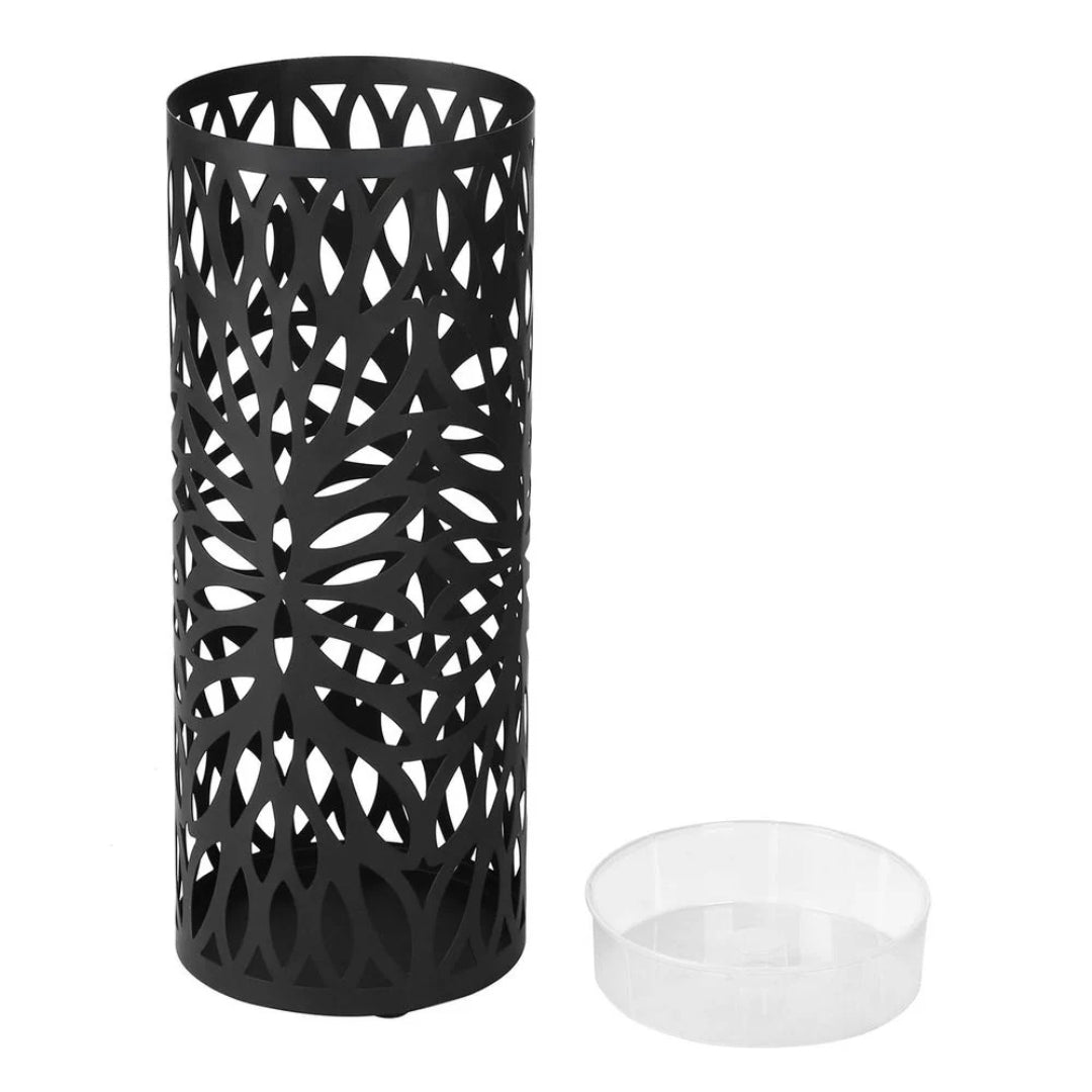 Steel Umbrella Stand With Drip Tray & Hooks For Canes Storage