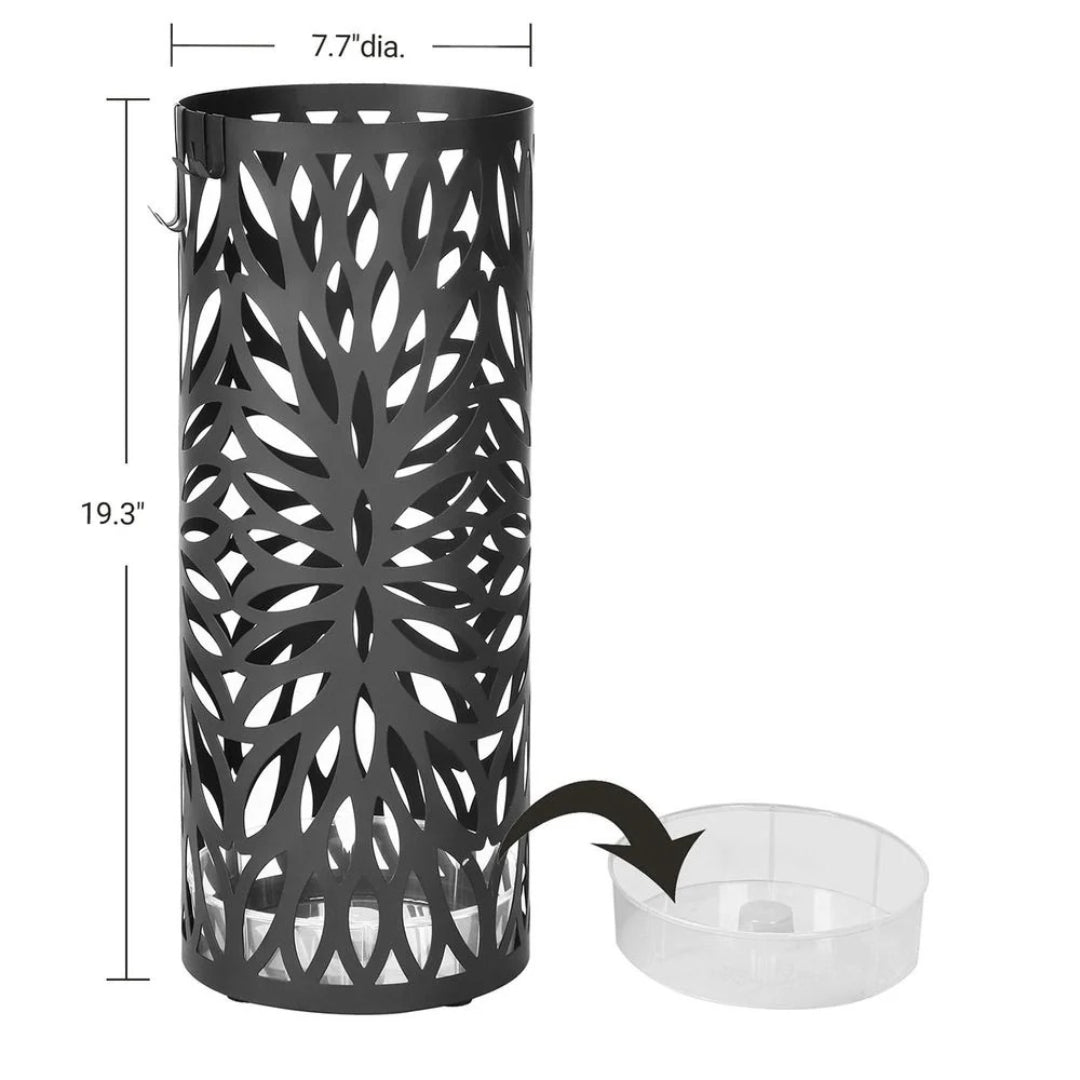 Steel Umbrella Stand With Drip Tray & Hooks For Canes Storage