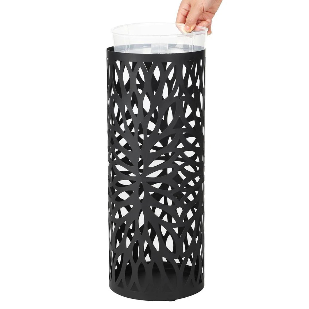 Steel Umbrella Stand With Drip Tray & Hooks For Canes Storage