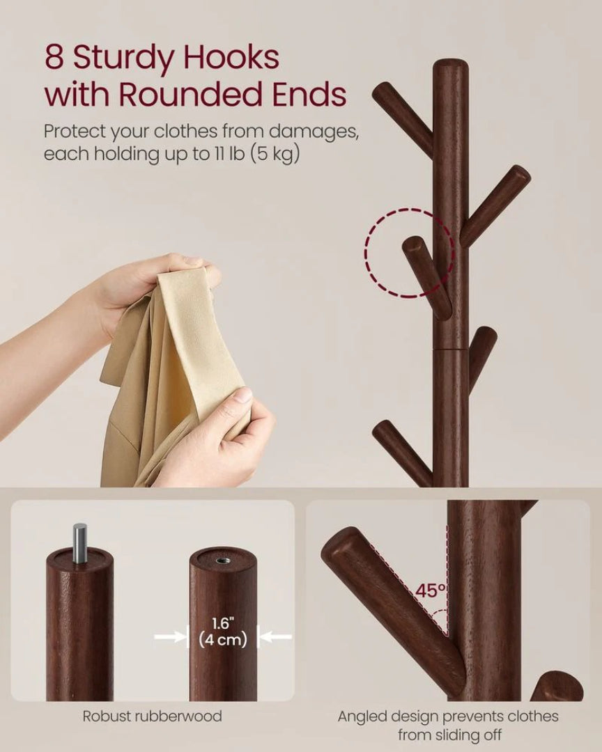 Solid Wood Coat Rack With 7 Hooks, Adjustable Freestanding Stand