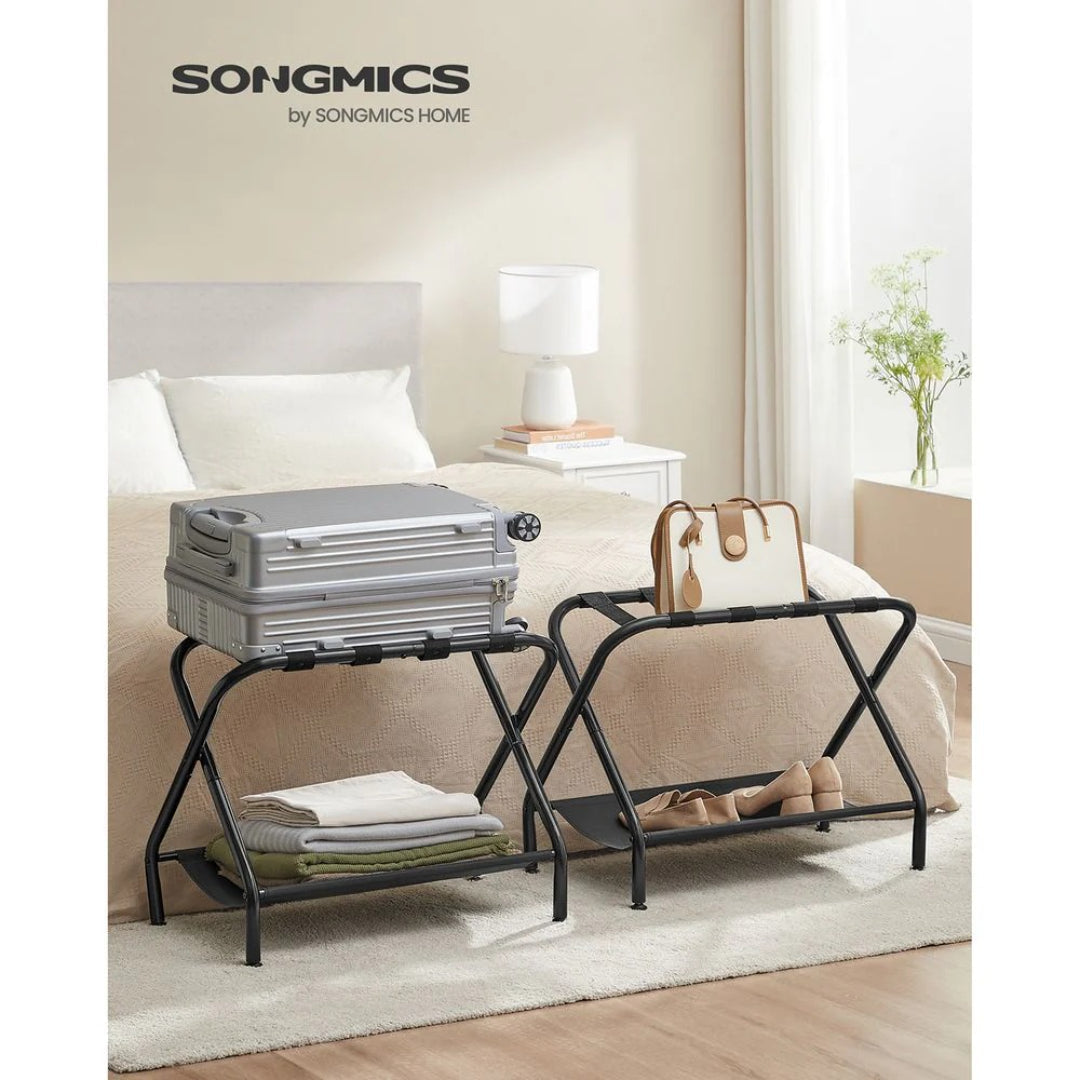 Folding Luggage Rack With Shelf Steel Suitcase Stand