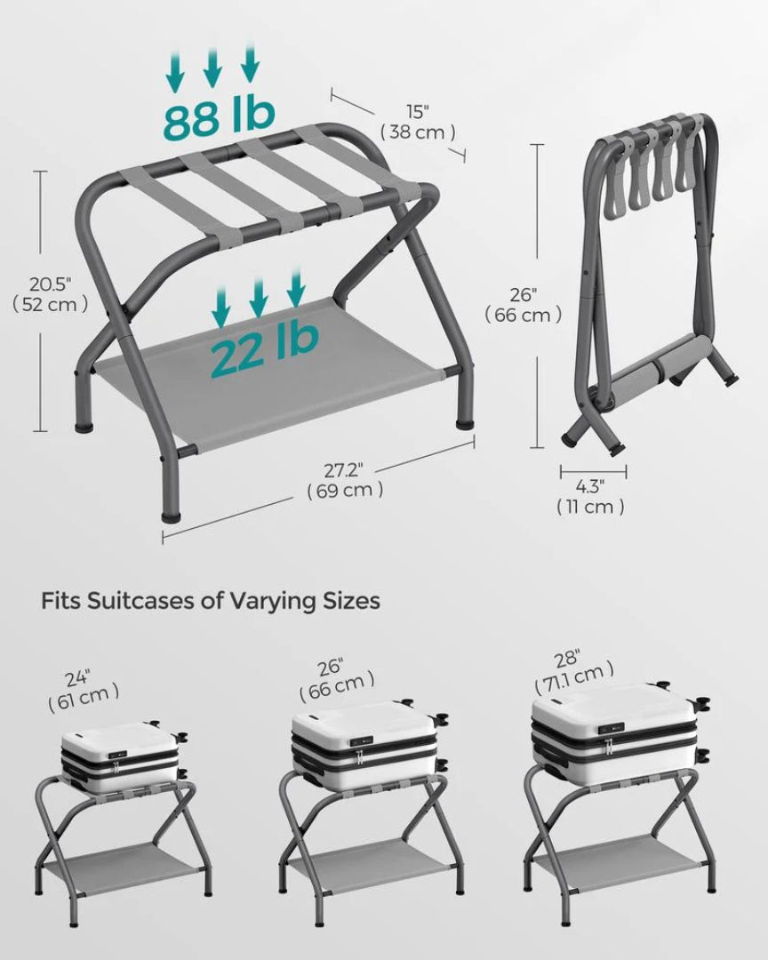 Folding Luggage Rack With Shelf Steel Suitcase Stand