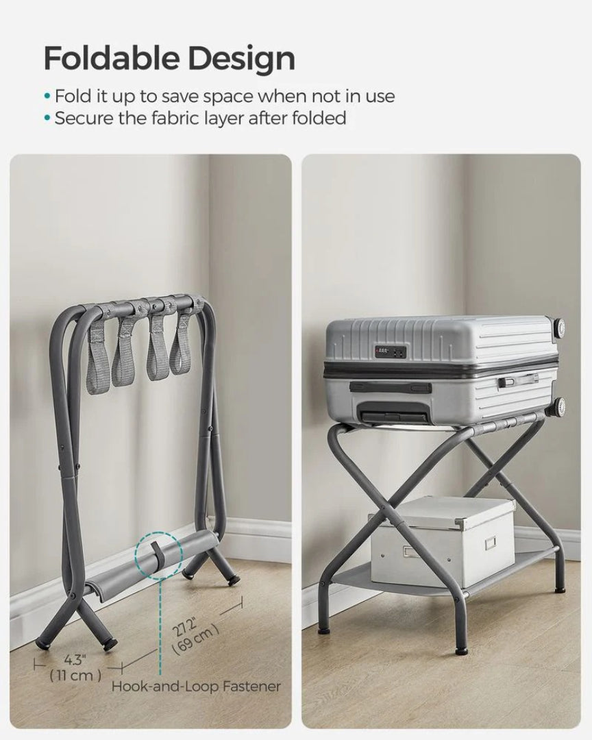Folding Luggage Rack With Shelf Steel Suitcase Stand