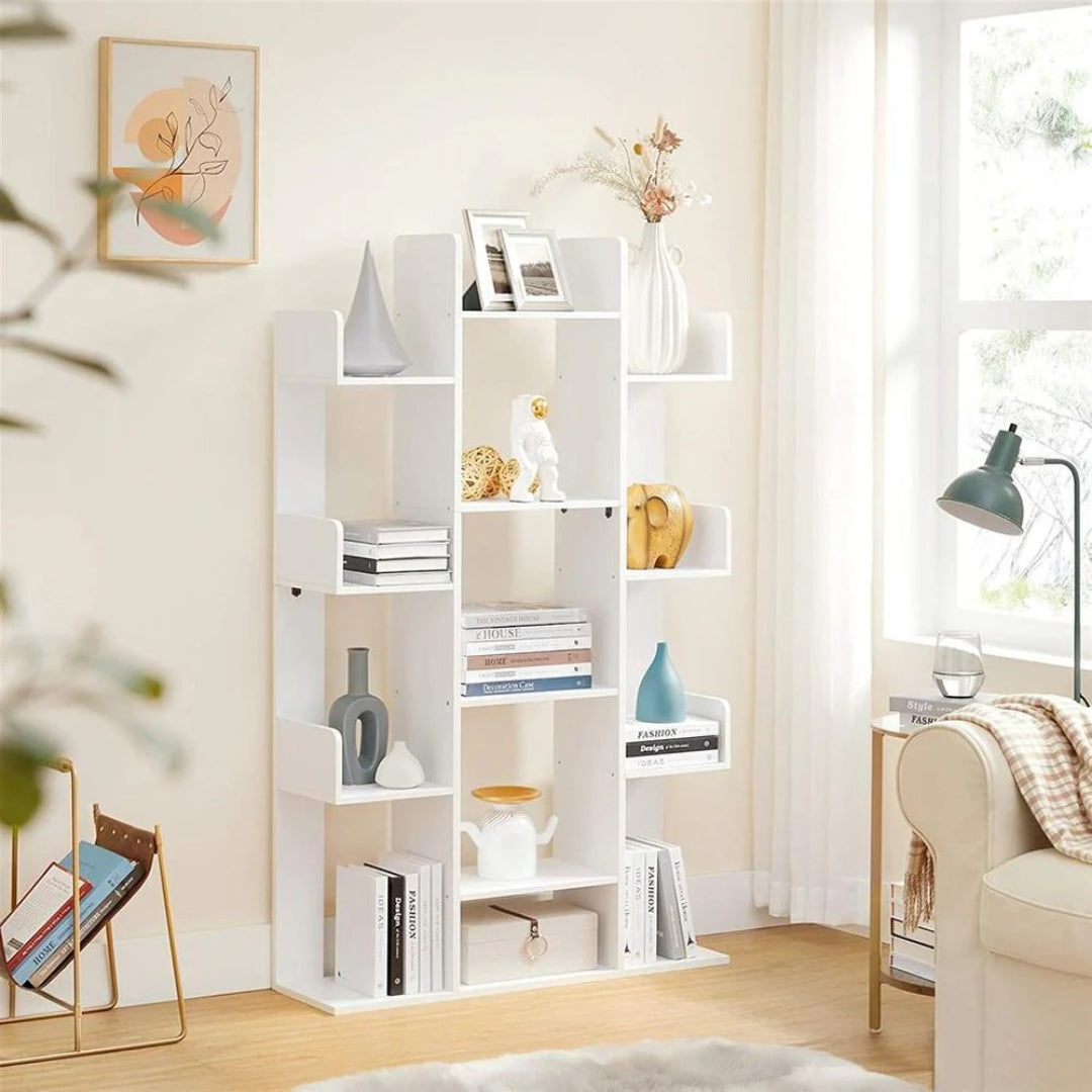 Tree Shaped Bookcase With 13 Storage Compartments, Space Saving Shelf