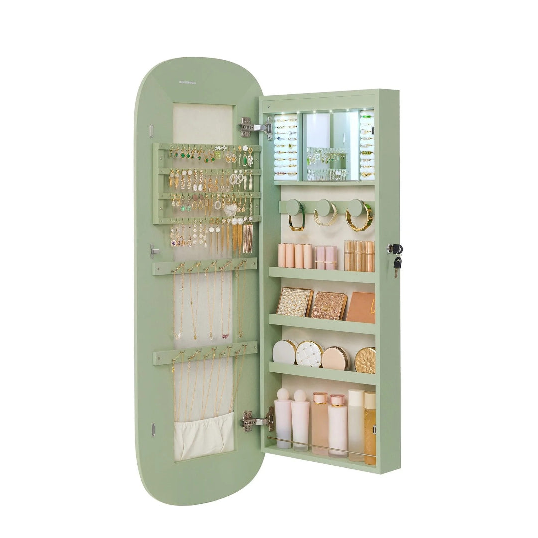 Wall Mounted Jewelry Organizer Cabinet With Mirror And LED