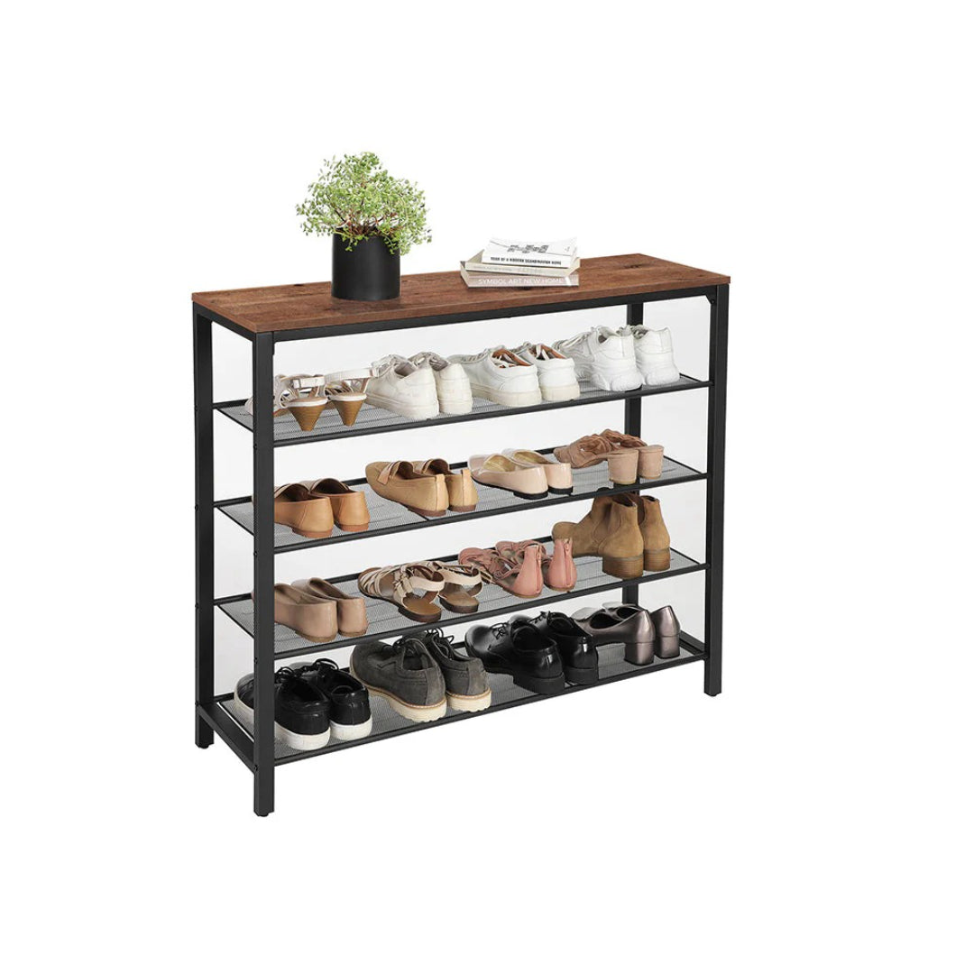 5 Tier Shoe Rack With Mesh Shelves & Storage Top Organizer