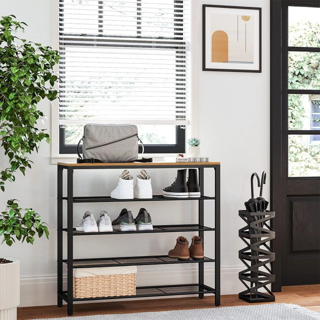 5 Tier Shoe Rack With Mesh Shelves & Storage Top Organizer