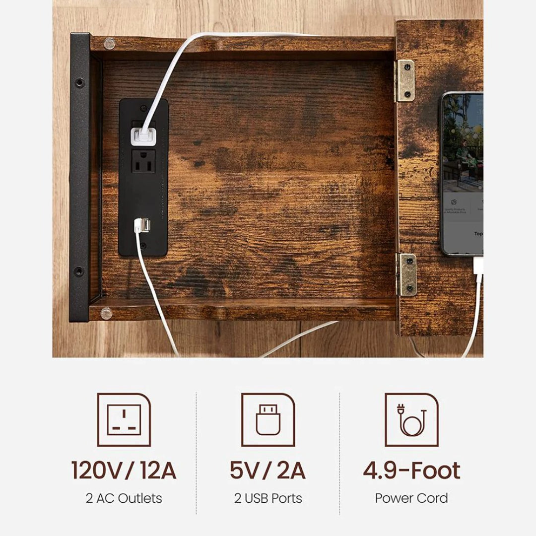 End Table With USB Ports And Power Outlets Storage Shelf