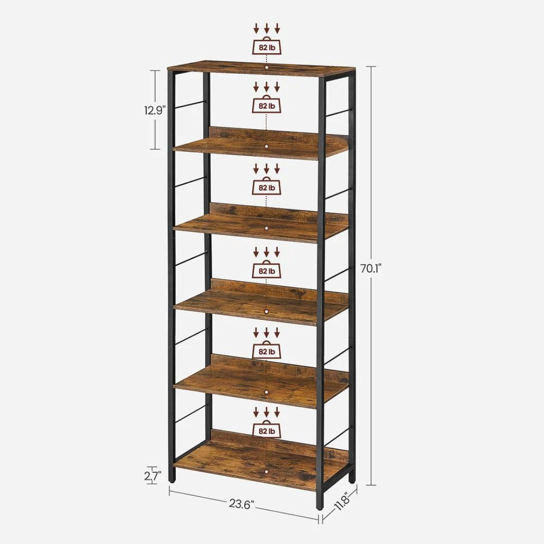6 Tier Industrial Bookshelf, 70.1 Inch Storage Bookcase