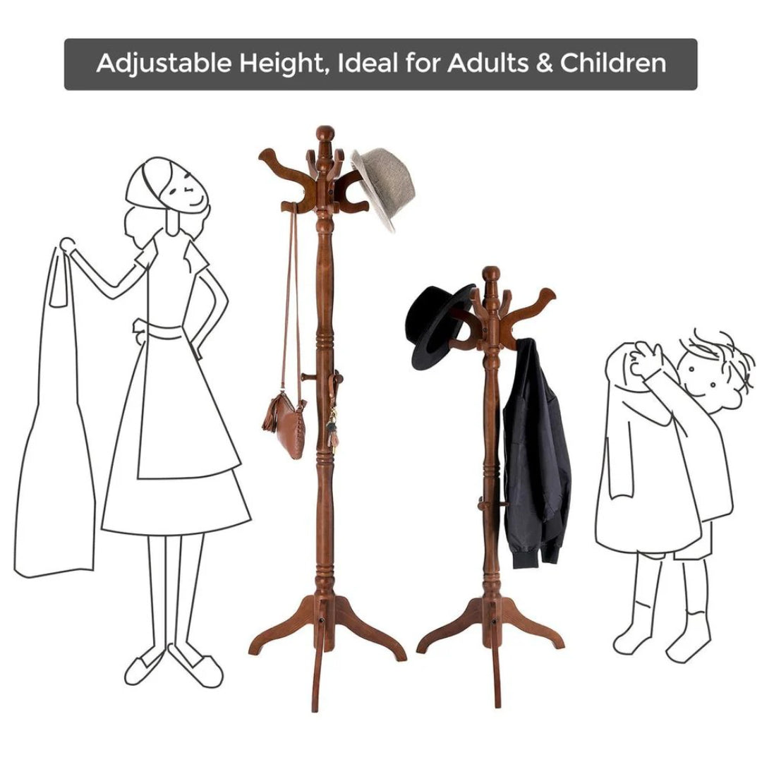 Freestanding Coat Rack With 11 Hooks, Solid Wood Stand