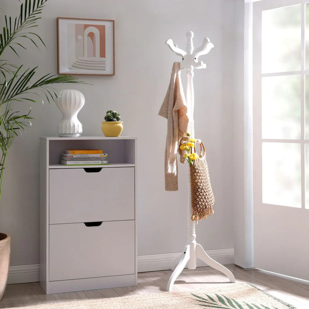 Freestanding Coat Rack With 11 Hooks, Solid Wood Stand