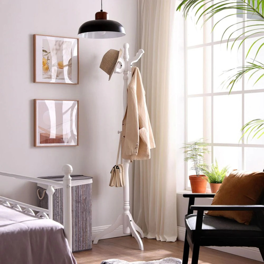 Freestanding Coat Rack With 11 Hooks, Solid Wood Stand