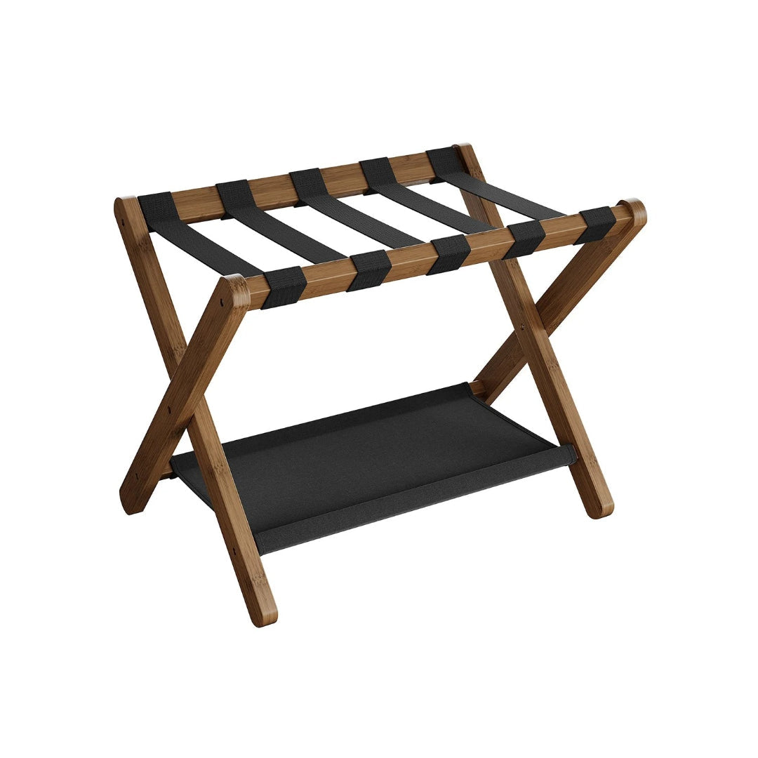 Folding Luggage Rack With Storage Shelf Bamboo Suitcase Stand – product view 2 | Ridgefield New York